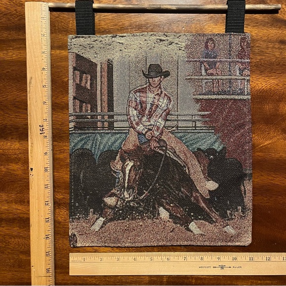 Cowboy on Horse Rodeo Scene On Heavy Tapestry Decor/Wall Hanging. - Picture 3 of 6
